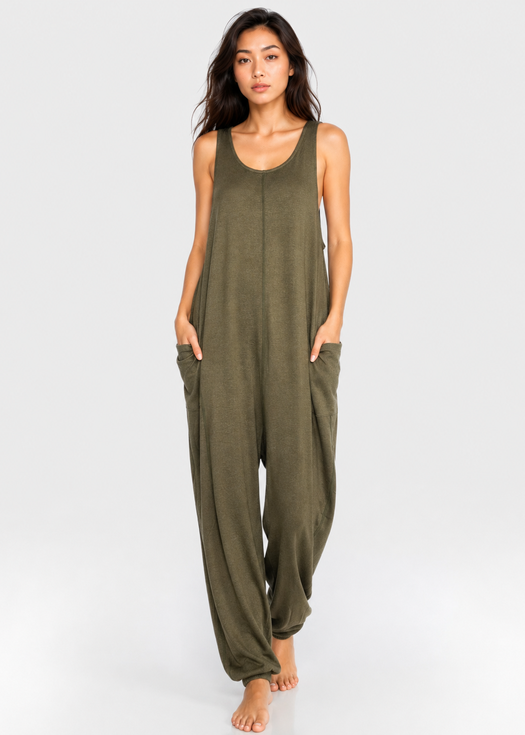 Women's Soft Drape Pocket Romper Made in USA side view