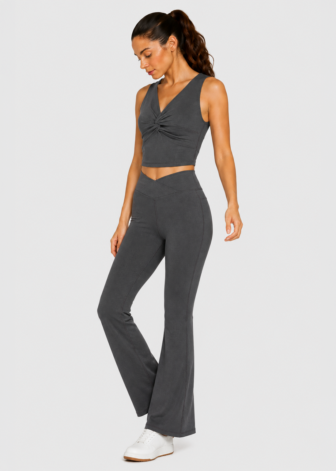 Women's Cross Front Flare Yoga 2-Piece Set Made in USA front view