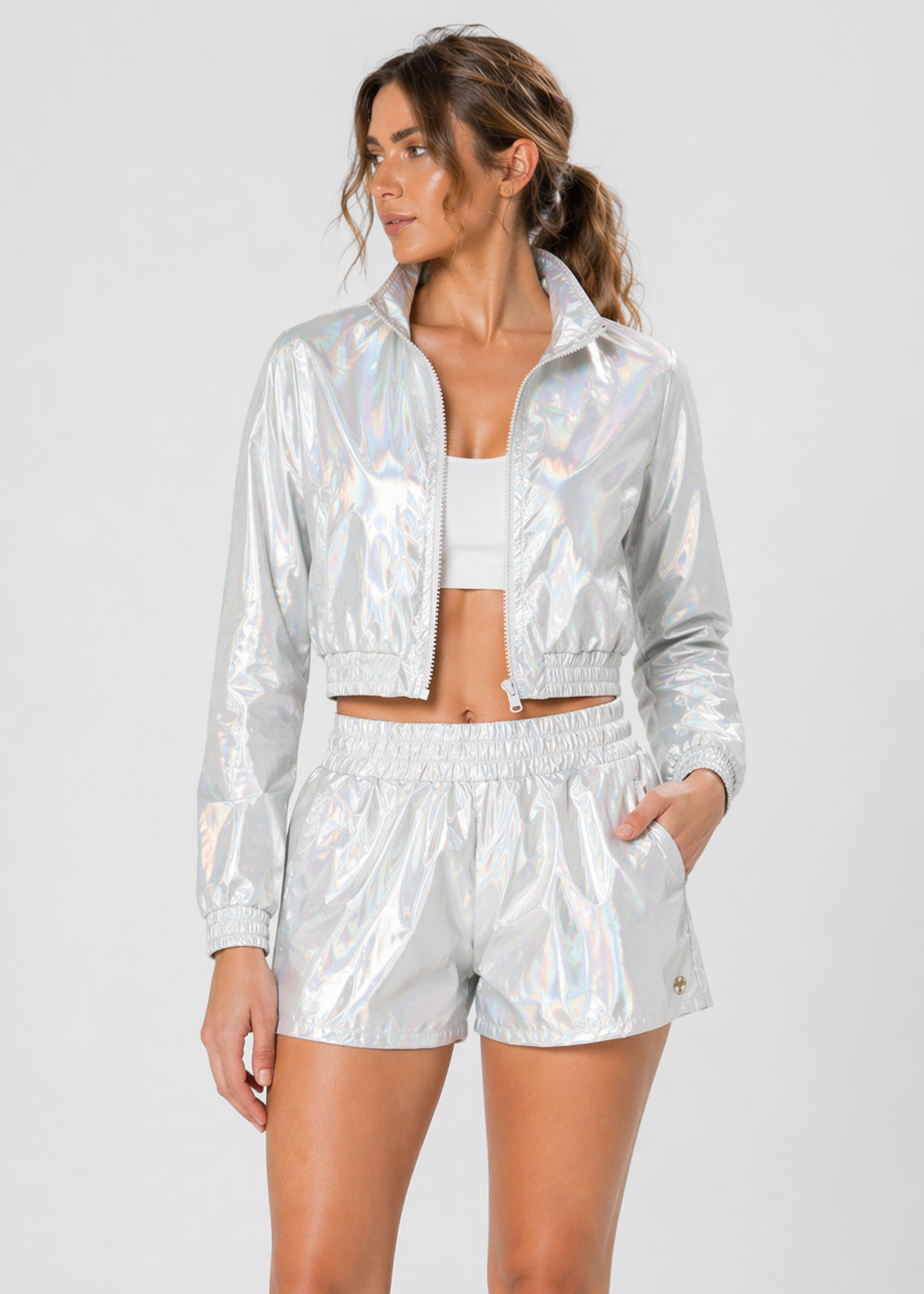 Women's Holographic Crop Bomber Jacket Made in USA front view